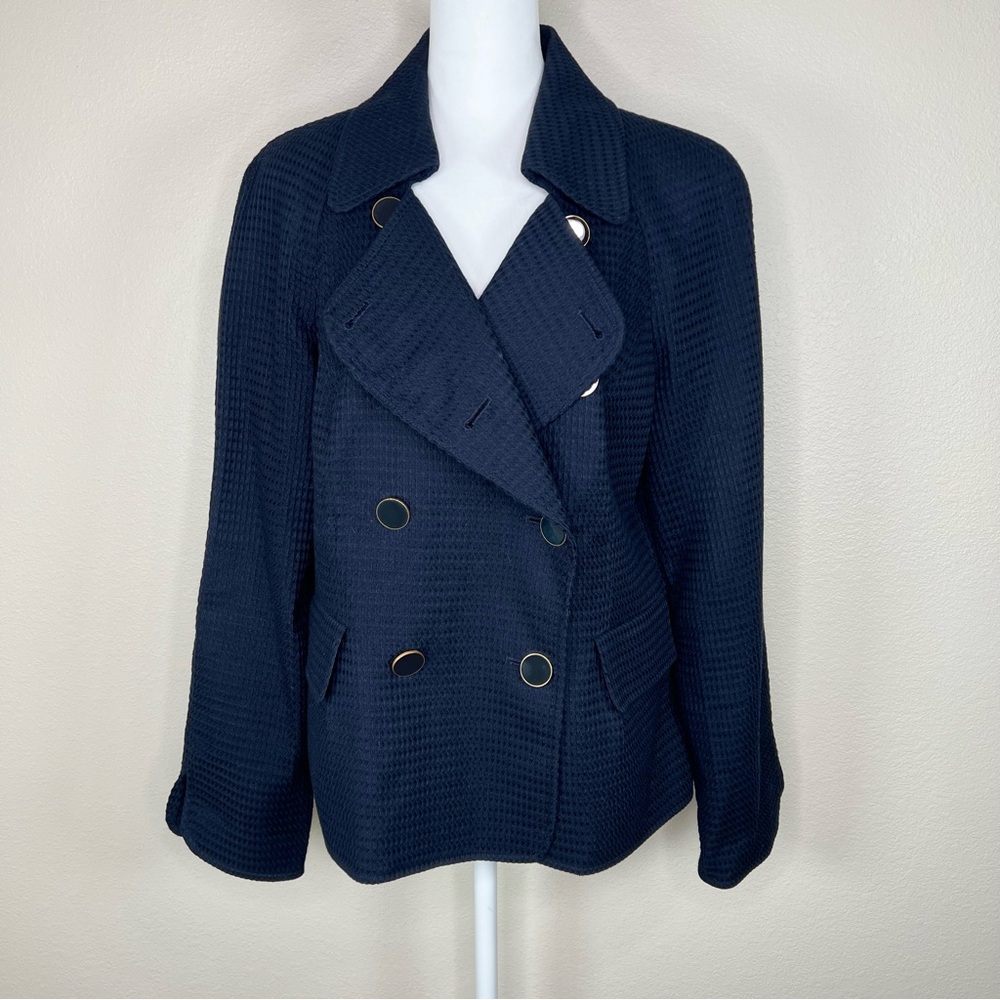 Talbots Navy Blue 100% Cotton Waffle Weave Classic Double-Breasted Jacket - Picture 2 of 11